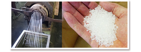 プラスチックリサイクルの流れ～2.リペレット(再ペレット化)加工　再生原料（リペレット）